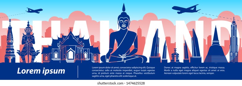 Thailand famous landmark silhouette style,text within,travel and tourism,sunset tone color theme,vector illustration