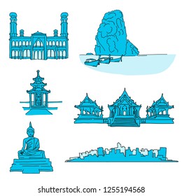 Thailand famous landmarks. Hand-drawn vector illustration. Famous travel destinations series.