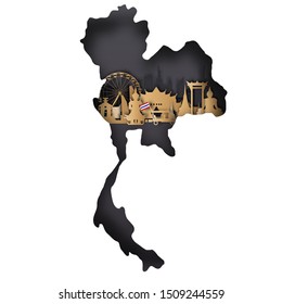  Thailand famous landmarks map in paper cut style vector illustration