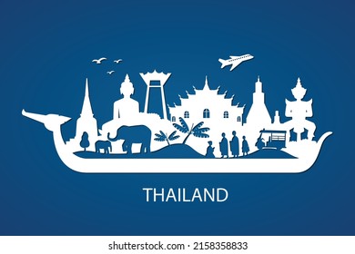 Thailand with famous landmarks in paper cut style vector illustration. Travel concept background.