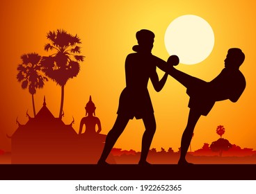Thailand famous martial arts in scenery design with silhouette design,Muay Thai,vector illustration