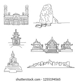 Thailand famous outline landmarks. Hand-drawn vector illustration. Famous travel destinations series.