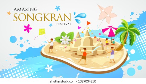 Thailand Festival Songkran Sand pagoda and kite with children are playing in the water design on water splash background , vector illustration Thailand Festival Songkran Sand pagoda and kite with children are playing in the water design on water splash background , vector illustration