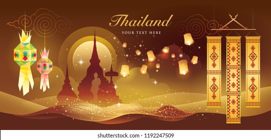 Thailand Festival Vector, North Thai traditional, Hanging paper Lantern in Thai temple, Tung Lanna,