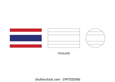 Thailand flag 3 versions, Vector illustration, Thin black line of rectangle and the circle on white background.