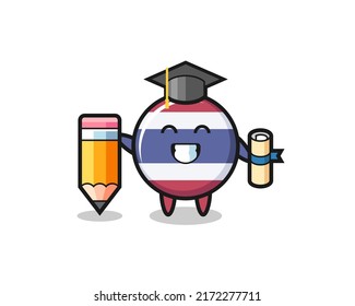 thailand flag badge illustration cartoon is graduation with a giant pencil , cute style design for t shirt, sticker, logo element