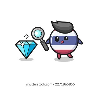la mascota de insignia de la bandera de tailandia está revisando la autenticidad de un diamante , diseño de estilo lindo para camiseta, pegatina, elemento logo