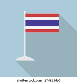 Thailand flag with flagpole flat icon with long shadow. Vector illustration EPS10