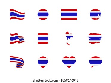 Thailand flag - flat collection. Flags of different shaped twelve flat icons. Vector illustration set