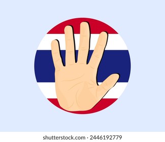 Thailändische Fahne mit Handstoppschild, Protest- und Menschenrechtsidee, Vektorgrafik-Design, Protest in Thailand, Einschränkung oder verbotenes Emblem, Verletzung der Meinungsfreiheit, Krieg beenden