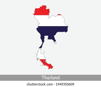 Thailand Flag Map. Map of the Kingdom of Thailand with the Thai national flag isolated on a white background. Vector Illustration.