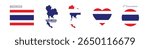 thailand flag and map set. thailand flag in official colors and proportions. independence day 5 december , map, circle and heart shaped thailand