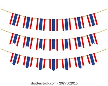 Thailand flag on the ropes on white background. Set of Patriotic bunting flags. Bunting decoration of Thailand flag