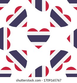 Thailand flag seamless pattern.  Love hearts symbols. Texture for language courses, sports pages, travel, school geographic design element. Patriotic wallpaper