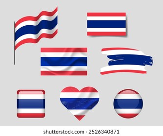 Thailand flag set of icons. Vector flag of Thailand, symbol. Set of Thai flags brush, button, waved, heart.