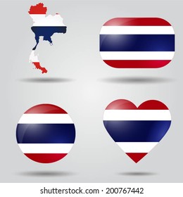 Thailand flag set in map, oval, circular and heart shape. 