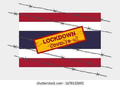 Bandera tailandesa con seguridad de advertencia de bloqueo de carteles debido a la crisis del coronavirus covid-19 diseño de la enfermedad con el vector de cepa alambrada