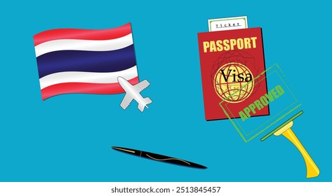 Thailand flag with white plane icon. Passport with visa approved stamp. Black stylish Pen. Thailand Travel poster. Editable vector EPS available