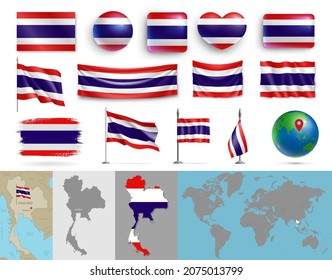 Thailand flags of various shapes and geographic map set. Kingdom of Thailand flags, buttons in patriotic colors, highly detailed map and globe with identification pin realistic vector illustration