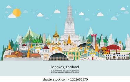 Thailand in flat style. Bangkok in and Landmarks