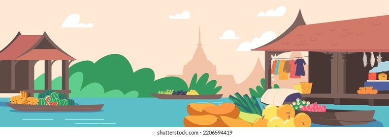 Thailand Floating Market on Asian Nature Landscape. Wooden Houses on Piles Stand in Water with Different Goods on Terrace, Boat with Flowers and Fruits Float on River. Cartoon Vector Illustration