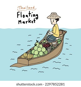 Thailand floating market, woman selling fruit on boat, drawing style vector illustration