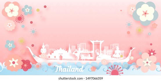 Thailand with Flowers background Panorama travel postcard, poster, tour advertising of world famous landmarks of Thailand in paper cut style. Vector illustration.