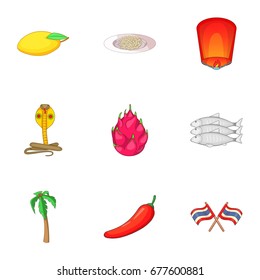 Thailand food icons set. Cartoon set of 9 Thailand food vector icons for web isolated on white background