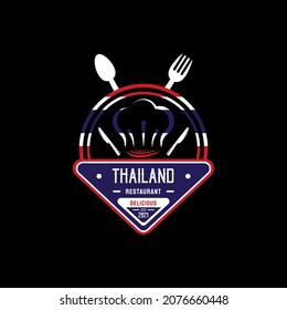 Thailand Food Restaurant Logo. Thailand flag symbol with chef hat, toque, spoon, fork, and knife icons. Premium and Luxury Logo