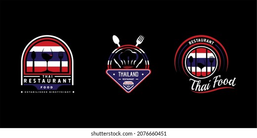 Thailand Food Restaurant Logo. Thailand flag symbol with chef hat, toque, spoon, fork, glass, and knife icons. Premium and Luxury Logo