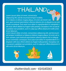 Thailand framed touristic banner with national symbols and sample text. Thai cultural, architectural, nature attractions vector illustrations. Vacation in asian country concept for travel company ad