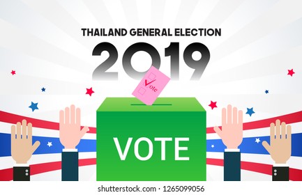 Thailand general election 2019 vector illustration. Ballot box with hands up voting on national flag background.