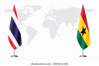 Thailand and Ghana flags for official meeting against background of world map.