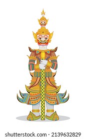 Thailand Giant Temple Guard Sculpture Or THAI YAK With Beautiful Dress And Detailed Stand With Baton Weapon Drawing In Vector