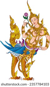 Thailand girl fantasy vector, her name Kinnaree. Buddhism religious colorful character design.