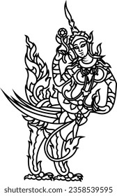 Thailand girl fantasy vector, her name Kinnaree. Buddhism religious line art character design.