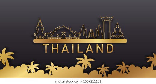 Thailand with Gold Travel postcard, poster, tour advertising of world famous landmarks in paper cut style.