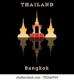 Thailand Golden Temple with shadow isolated on black. Temple silhouette with words Thailand Bangkok.