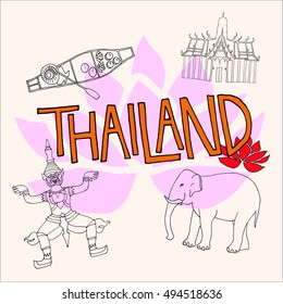 Thailand hand drown vector illustration with elephant, thailand market boat, temple, lotus flower
