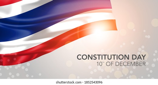 Thailand happy constitution day vector banner, greeting card. Thai realistic wavy flag in 10th of December national patriotic holiday horizontal design