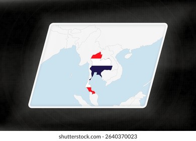 Thailand Highlighted in Flag Colors on Geographic Map. Modern Map on a dark abstract backdrop.