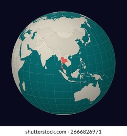 Tailandia en el mapa. Globo centrado en Tailandia. Ubicación de Country en el mapa mundial. Paleta de colores Teal Pale Mint. Globo con países, meridianos y paralelos. Ilustración vectorial moderna.