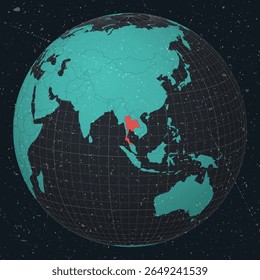 Tailândia no Globe. Olhar vintage com textura grunge riscado. Mapa do mundo no mapa da paleta de cores de Turquesa a carvão escuro. Tailândia forma no mapa. Globo com meridianos e paralelos.