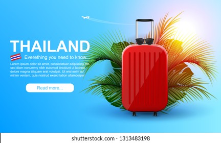 Thailand holiday web banner. Vacation vector banner template.Travel concept. Travel suitcase in tropical bushes.