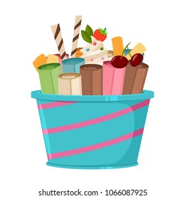 Thailand ice cream roll with waffle, cookie, cherry, strawberry and lolly candy. Vector cartoon flat icon or logo isolated on a white background.
