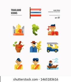 Thailand icon set 1. Include flag, map, people, transportation and more. Flat icons Design. vector