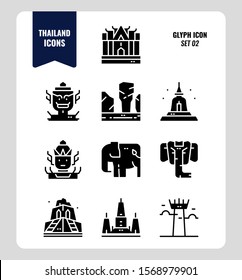 Thailand icon set 2. Include landmark, sculpture, temple, pagoda, elephant and more. Glyph icons Design. vector