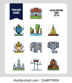 Thailand icon set 2. Include landmark, sculpture, temple, pagoda, elephant and more. Filled Outline icons Design. vector