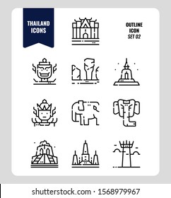 Thailand icon set 2. Include landmark, sculpture, temple, pagoda, elephant and more. Outline icons Design. vector