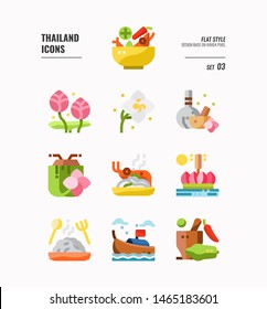 Thailand icon set 3. Include food, flower, festival, landmark and more. Flat icons Design. vector